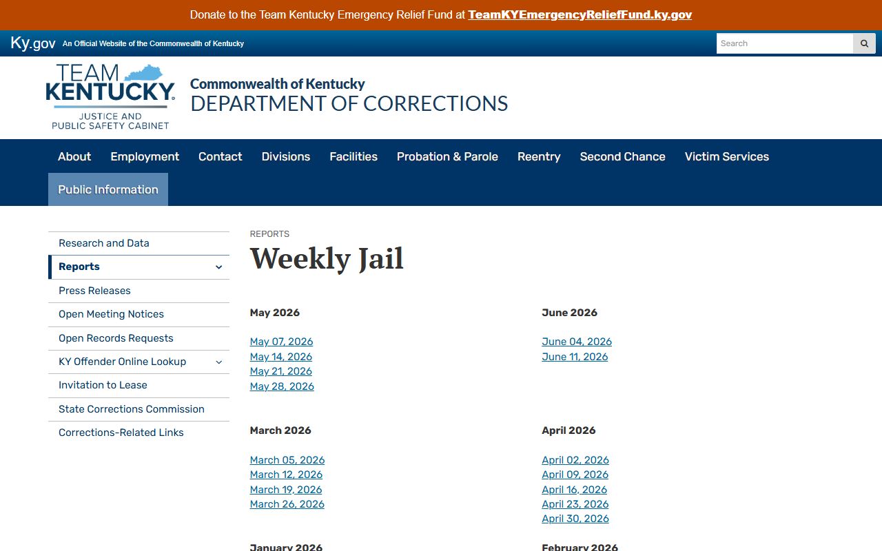 Jessamine County inmate population KDOC weekly jail report index